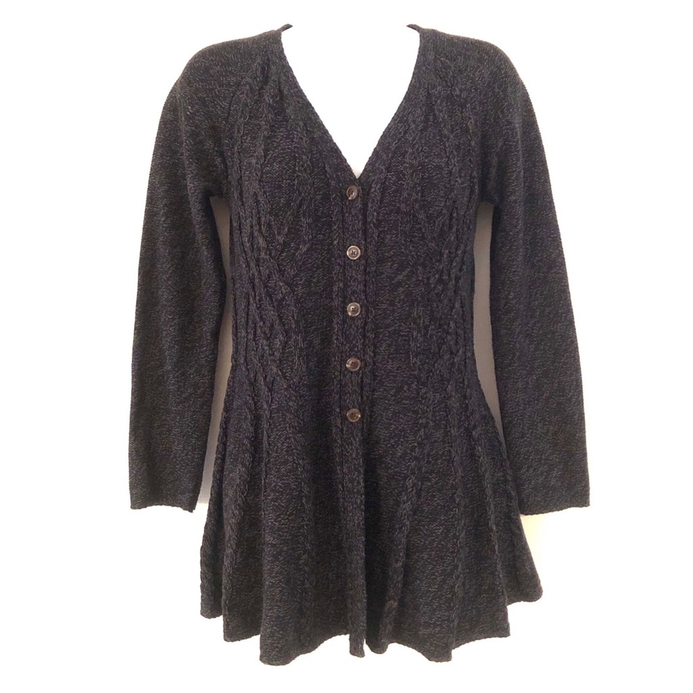 Style & Co Black Marled Cable Knit Peplum Cardigan Sweater Button-Down V-neck